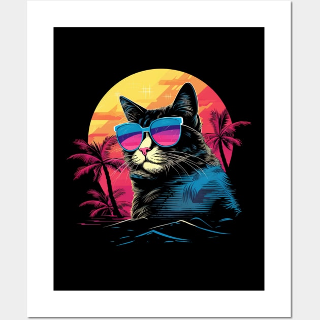 Retro Wave Japanese Bobtail Cat Shirt Wall Art by Miami Neon Designs